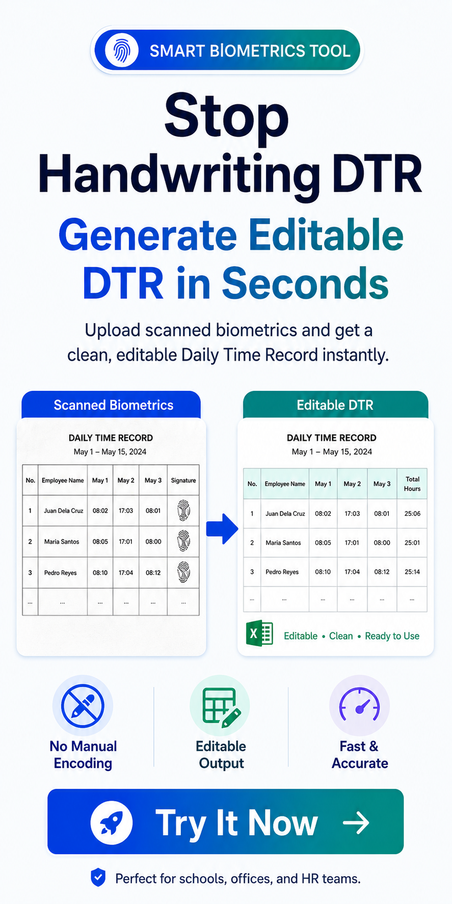 Stop handwriting daily time records and generate an editable DTR in seconds